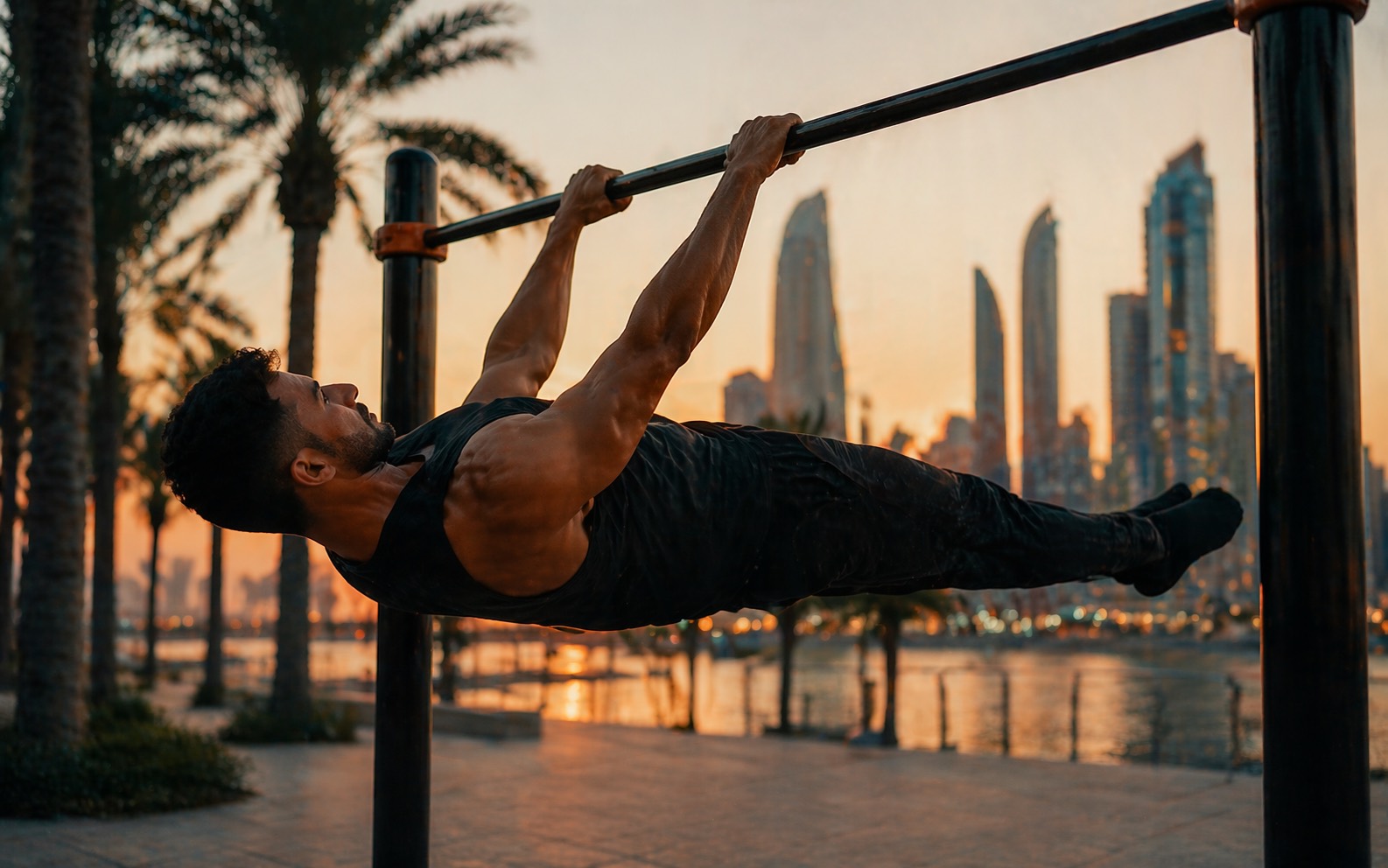 Calisthenics session on outdoor bars by the water