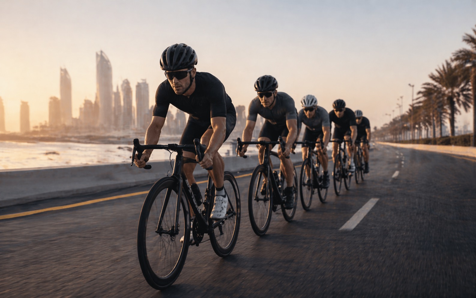 Road cyclists riding in a tight paceline at sunrise