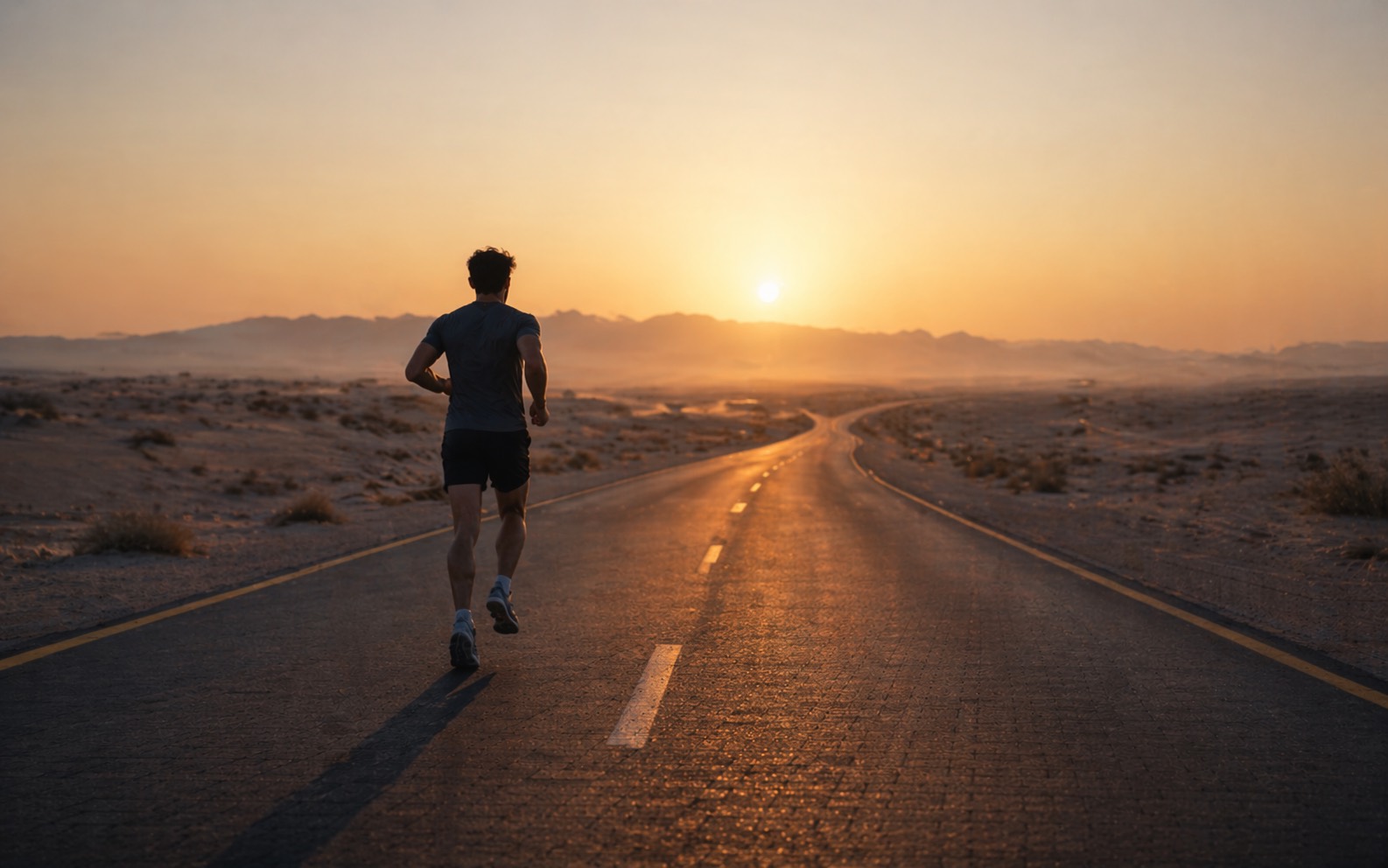 Solo runner on an empty desert road at sunrise