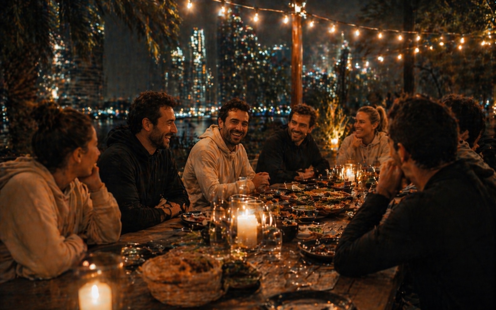 Outdoor community meetup dinner under string lights