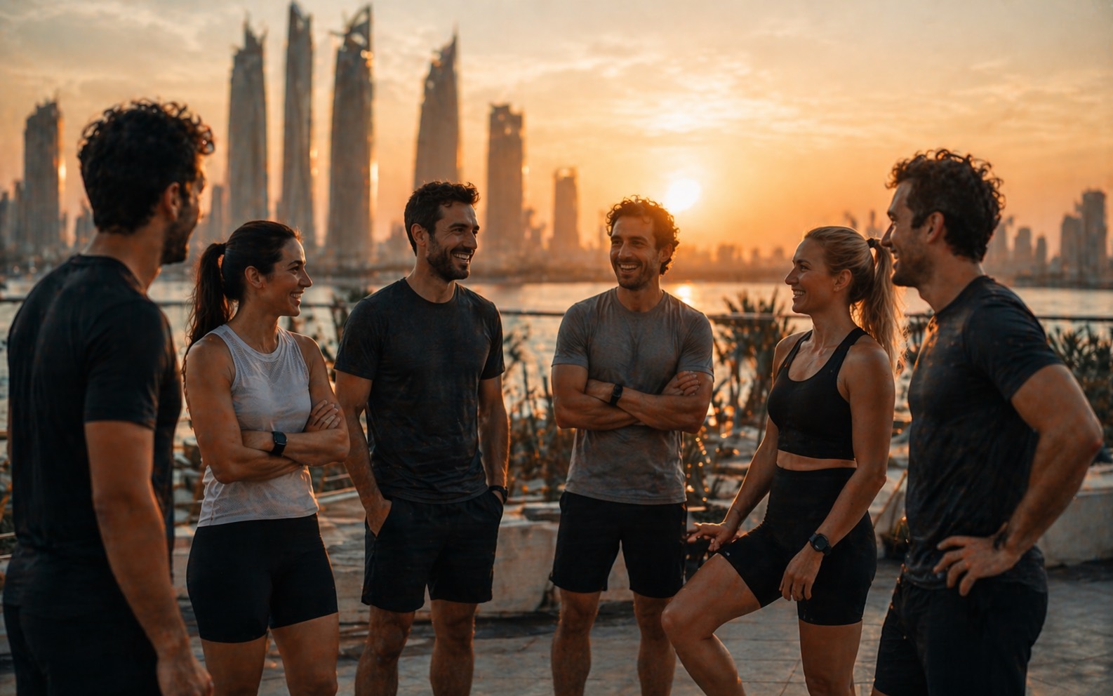 Group of founders and creators talking together at sunset
