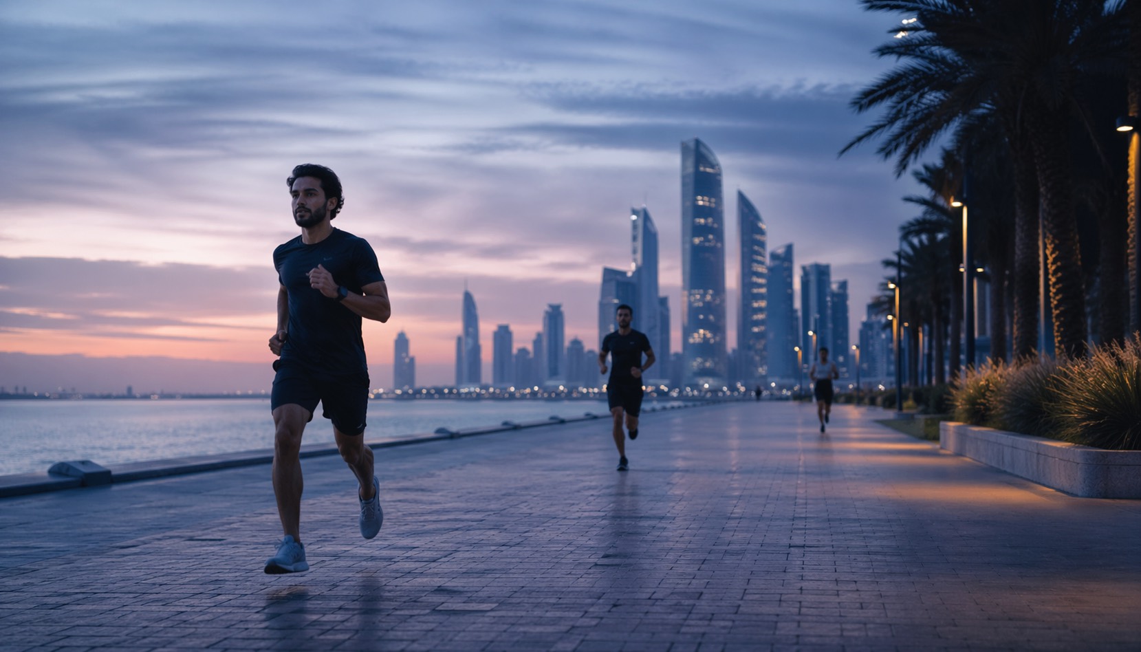 Runners spread across the Corniche at blue hour