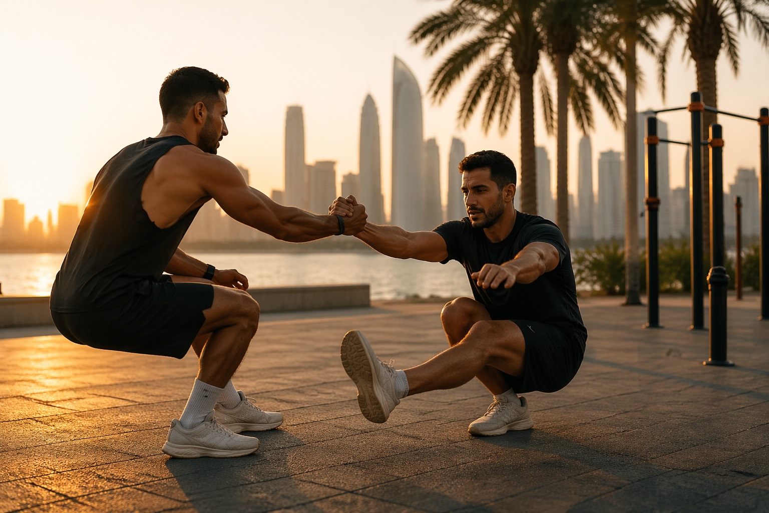 Partner drill during an outdoor bodyweight session