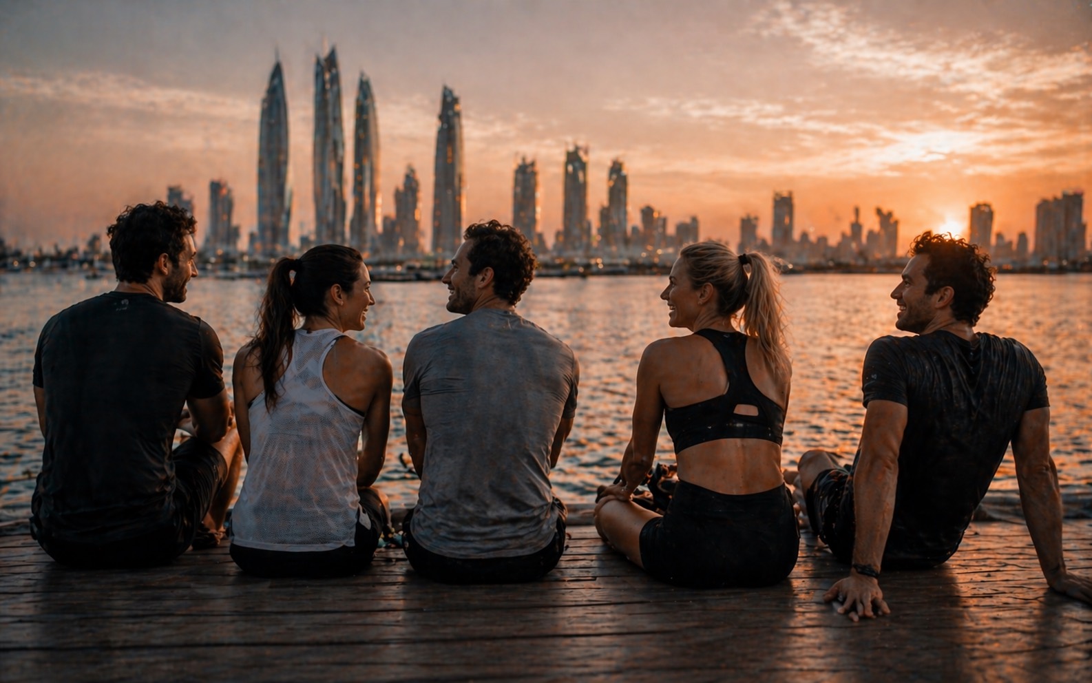 Athletes cooling down by the water after training