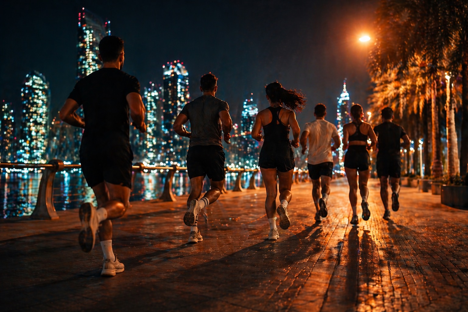 Run club moving along a lit waterfront boardwalk