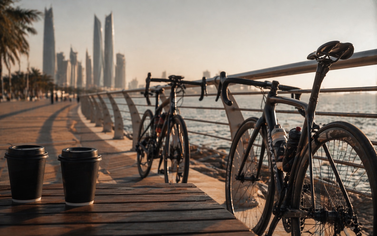 Road bikes parked by the Corniche after a social ride